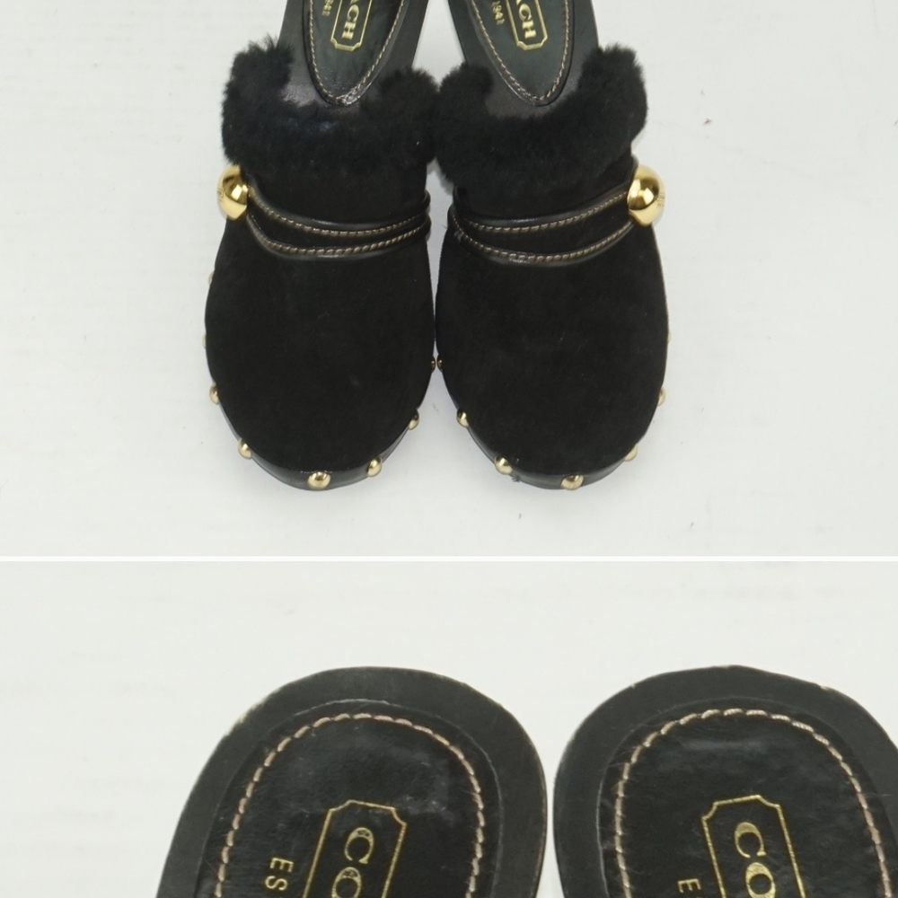 Coach Black and Gold Fur Trimmed Mules
